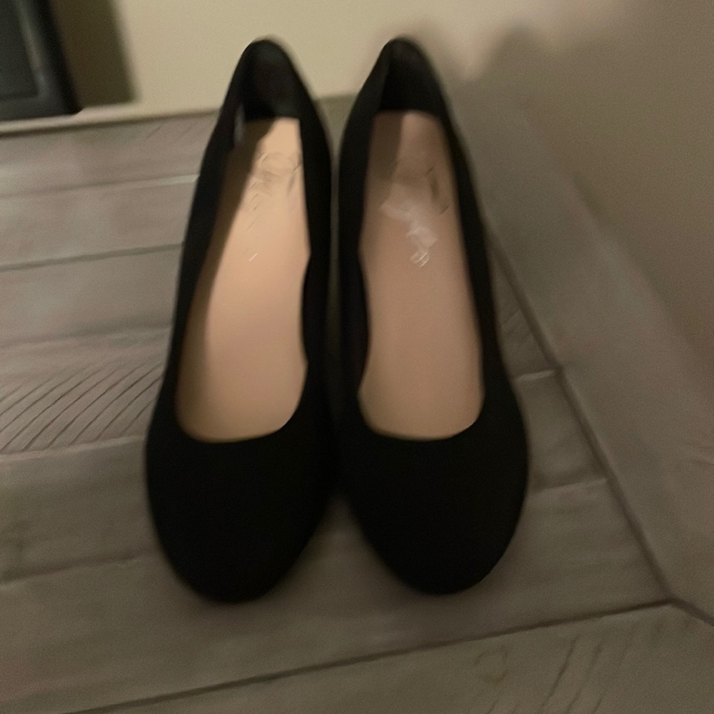 Brand New Fergie black wedge faux suede shoes.